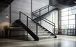 A modern stairwell in an industrial setting with metal railings and concrete steps.