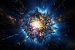 Big cosmic explosion in space in Universe with a bright center and swirling blue orange clouds and stars. Moment of Big Bang. Creation of Universe and Great Release of Cosmic Energy. Space background.