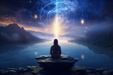 Brunette woman sitting with her back against the backdrop of beautiful cosmic nature landscape. Mystical atmosphere. Concept of filling with energy and vitality. Zen Buddhism. Mental health