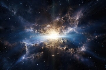 Wall Mural - Big cosmic explosion in space in Universe with bright center and swirling blue clouds and stars. Moment of Big Bang. Creation of Universe and Great Release of Cosmic Energy. Space background.