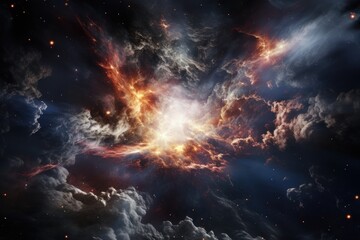Wall Mural - Big cosmic explosion in space in Universe with bright center and swirling blue orange clouds and stars. Space background. Moment of Big Bang. Creation of Universe and Great Release of Cosmic Energy.
