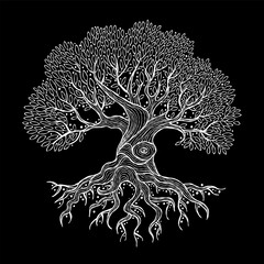 Aufkleber - Old big family tree with roots isolated on black. Concept Art for your design. Design interior ideas.