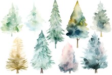 Set Of Pastels Trees Isolated On White, Christmas Tree Decorations, Watercolor Painting, Multicolored Drawing Art, Brushed Motley Bright Xmas Card Winter, Christmas Tree Watercolored Firs And Pines