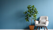 Cozy chair with books and ficus pots in front of blue wall. generative ai