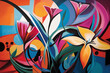 Modern, abstract representation of flowers using bold and dynamic shapes with an emphasis on vibrant, contrasting colors