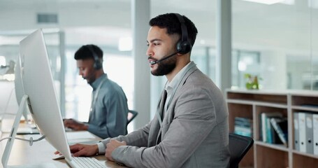 Poster - Call center, customer service and man on an online consultation on a computer working in the office. Contact us, crm and young male telemarketing consultant or agent talking for support in workplace.