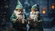Two bearded elves carrying gifts on Christmas night, helpers of Santa Claus in winter, funny characters on snow background. Concept of New Year, design, illustration, bokeh, nature