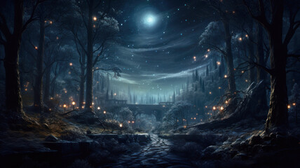 Wall Mural - Dark forest with magical lights in winter at Christmas night, landscape with path, trees and starry sky. Scenery of fairy tale woods. Theme of New Year holiday, wonderland, nature, xmas