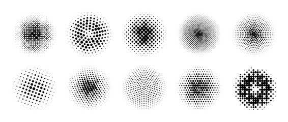 Poster - Halftone gradient circles collection. Black dot textured round patterns. Comic radial faded background set. Abstract pixelated elements for frame, poster, collage, banner, flyer. Vector cartoon bundle