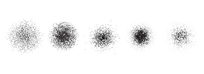 Poster - Stippled radial brush strokes. Grain dotted gradient collection. Grunge sprinkle spray texture. Dirty dust sand noise round elements. Splattered dotted overlay set. Grungy splashed stains spots vector