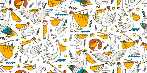 Poster - Pelicans family. Funny characters. Seamless pattern background for your design