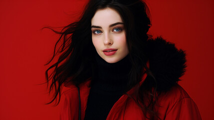 Beautiful woman in winter clothes on an a red colored background