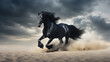 black stallion horse running in the sand