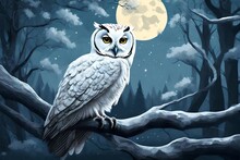 The White Owl Sit In The Tree Of Moon Light Before The Forest