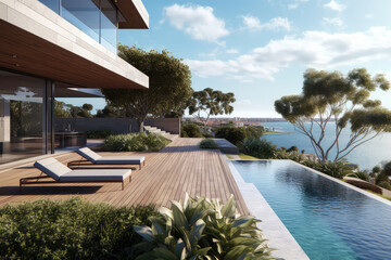 Luxury home of minimal modern residence with a swimming pool. Generative AI. 3d render illustration.