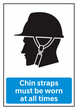 Safety helmet chin straps must be worn at all times signage and symbol. Personal protective equipment for head protection.