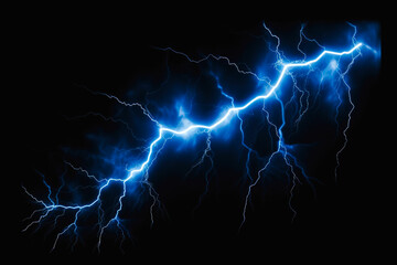 Intense blue lightning bolts strike against a dark background