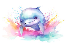 Cute Dolphin In Watercolor Illustration