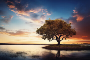  tree on the lake of the side with sunset 