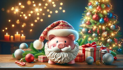 Wall Mural - The piggy bank wearing a Santa hat shows the joy of Christmas gifts. Cheerful christmas scene with a piggy bank in santa gear.
