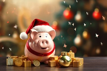 Wall Mural - The piggy bank wearing a Santa hat shows the joy of Christmas gifts. Cheerful christmas scene with a piggy bank in santa gear.