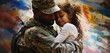 A Soldier's Embrace: The Touching Reunion of a Man in Full Military Uniform Hugging His Kid, the unspoken emotions, pride, and the universal significance of homecoming.