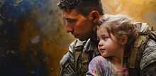 A Soldier's Embrace: The Touching Reunion Of A Man In Full Military Uniform Hugging His Kid, The Unspoken Emotions, Pride, And The Universal Significance Of Homecoming.