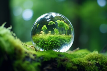 A green tree seen through the lens ball. A lens ball on green moss., Green nature in the water ball