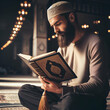 Islamic Religious Muslim Man Sitting on a Rug Holding & Reading the Holy Quran Enuntiat Pose in Ramadan in a Mosque or Masjid before Prayer Time Subdued Dark Light Eastern Religion & Knowledge Concept