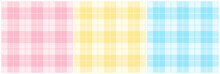 Pink, Yellow And Light Blue Plaid Pattern Set. Vector Seamless Check Pattern For Plaid Fabric, Flannel Shirt, Blanket, Clothes, Skirt, Tablecloth, Textile.