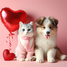 Cute Sweet Romantic Twin Dog Puppy And Cat Kitten Couple Animals Portrait With Valentine Love Heart Shaped Balloon Sitting Hugging Kissing Next To Each Other On Pink Background New Year Meow Ruff Bark