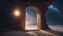 A Surreal Stone Gateway On A Peaceful Beach At Night.