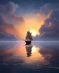 Wall Mural - calm sea at tropical beach in sunset, a huge pirate sailing ship sailed above it, reflection, coconut trees, beautiful sky, hyper realistic, dramatic light and shadows