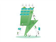 ESG sustainability business, green energy, sustainable industry with windmill and solar energy panels. Environmental, Social, and Corporate Governance concept. People construction vector illustration.