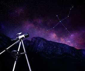 Wall Mural - Swan (Cygnus) constellation in starry sky over mountains at night. Stargazing with telescope, low angle view