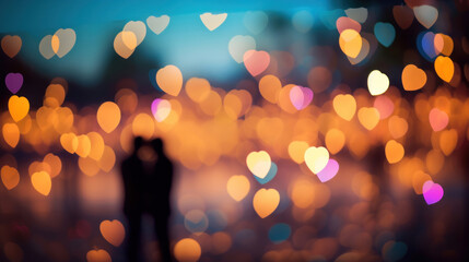 Silhouette of a couple in love with heart bokeh background