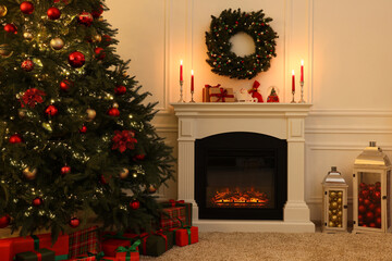 Canvas Print - Cozy living room with Christmas tree near fireplace. Interior design