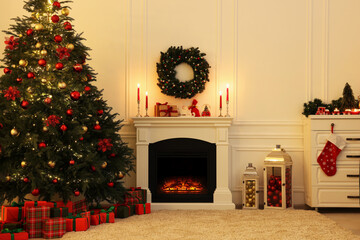 Poster - Cozy living room with Christmas tree near fireplace. Interior design