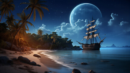 calm sea at tropical beach in the night with the moon and stars, a huge pirate sailing ship sailed above it, reflection,  coconut trees, beautiful sky, hyper realistic, dramatic light and shadows