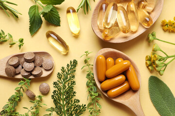 Wall Mural - Different pills and herbs on pale orange background, flat lay. Dietary supplements