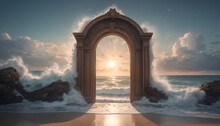A Surreal Stone Doorway Leading To A Mysterious Night Beach.