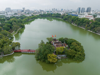 Wall Mural - Aerial skyline view of Hoan Kiem lake ( Sword, Ho Guom lake), in center of Hanoi, Vietnam