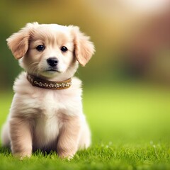 Wall Mural - Puppy with a stylish collar sitting on grass.