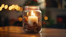 A Lone Candle Flame Shining Through A Jar Filled With Holidayscented Potpourri.