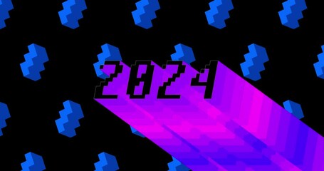 Poster - 2024. 4k animated word with long layered multicolored shadow with the colors of a rainbow on black background.