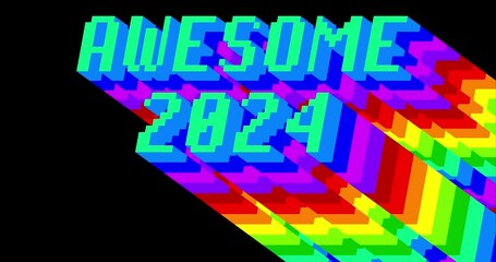 Poster - Awesome 2024. 4k animated word with long layered multicolored shadow with the colors of a rainbow on black background.