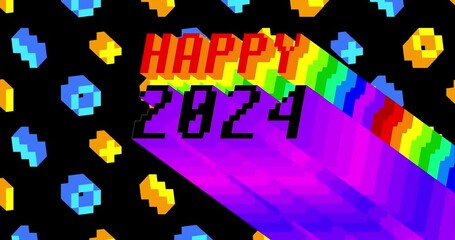 Poster - Happy 2024. 4k animated word with long layered multicolored shadow with the colors of a rainbow on black background.