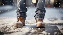Image Of Falling Snow, Lower Body In Rough Boots And Jeans.