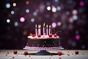 One birthday cake with candle on pastel tone background.