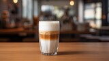 Fototapeta  - hot, fresh coffee in a cozy, sunny latte coffee put on table in cafe restaurant, drink breakfast in the morning milk latte with coffee foam in glass mug with ingredients free copy space